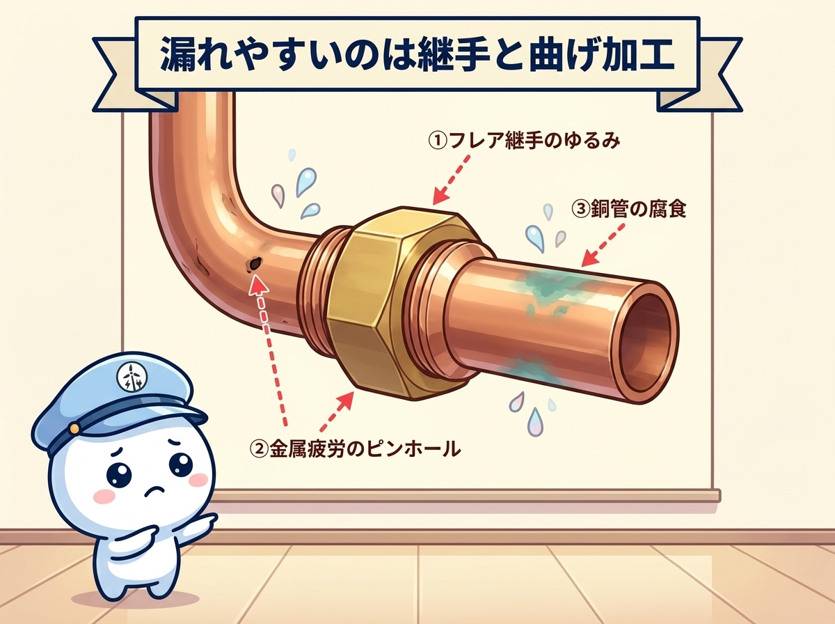 エアコン配管のフレア継手と曲げ加工部分でガス漏れが起きやすい｜接続部の劣化ポイントを矢印で示した解説図