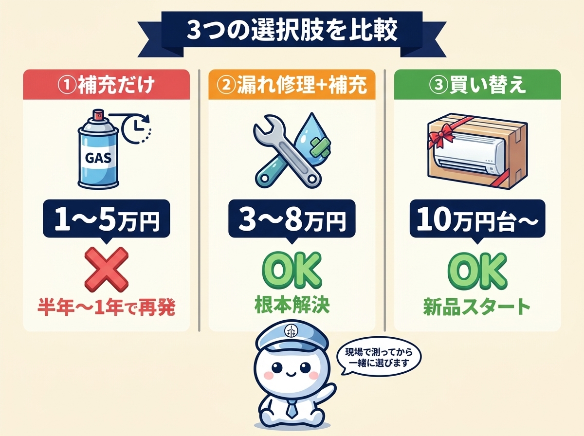 エアコンガスの対応3パターン比較｜補充だけ vs 漏れ修理＋補充 vs 買い替えの費用感と再発リスクを比較した表