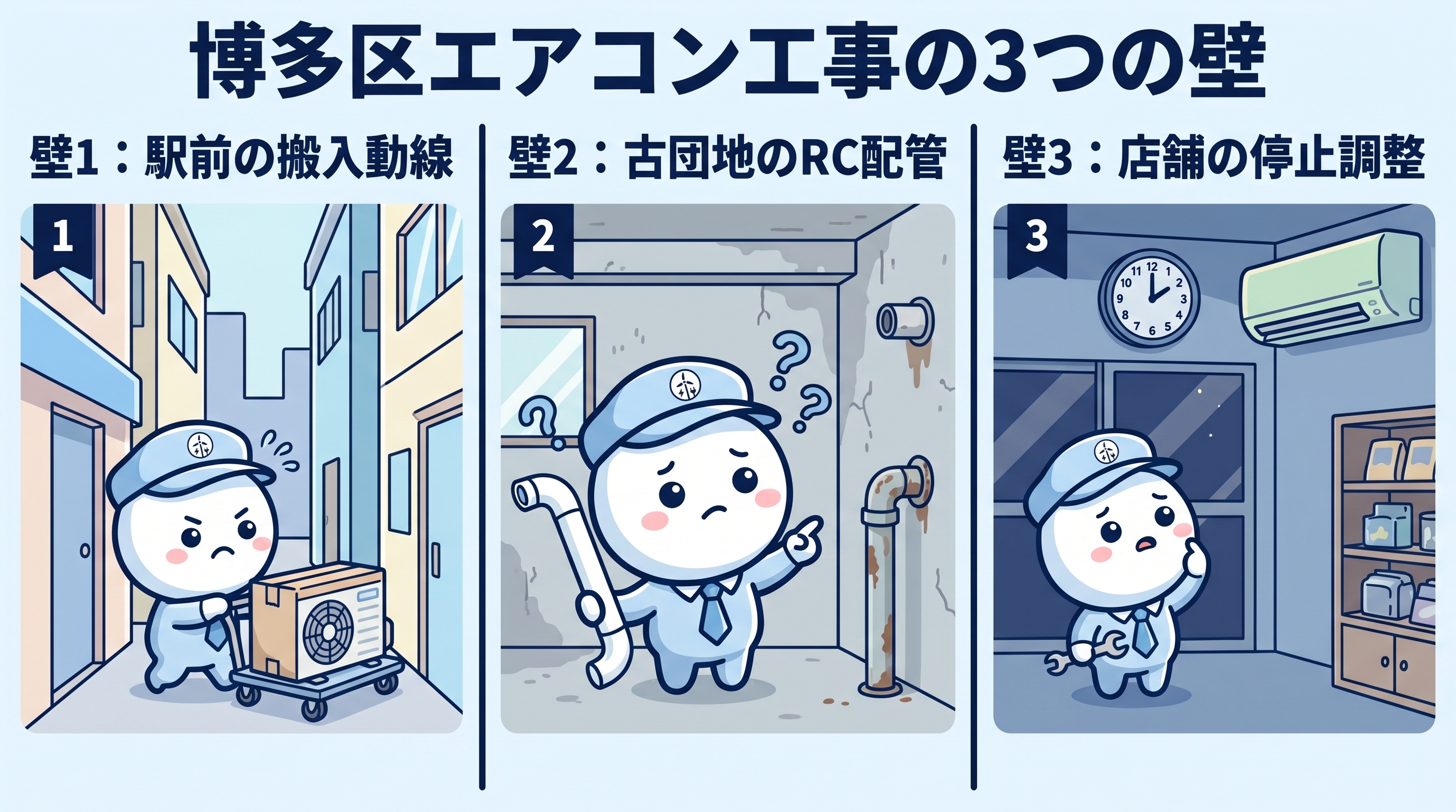 博多区エアコン工事の3つの壁を表したイラスト