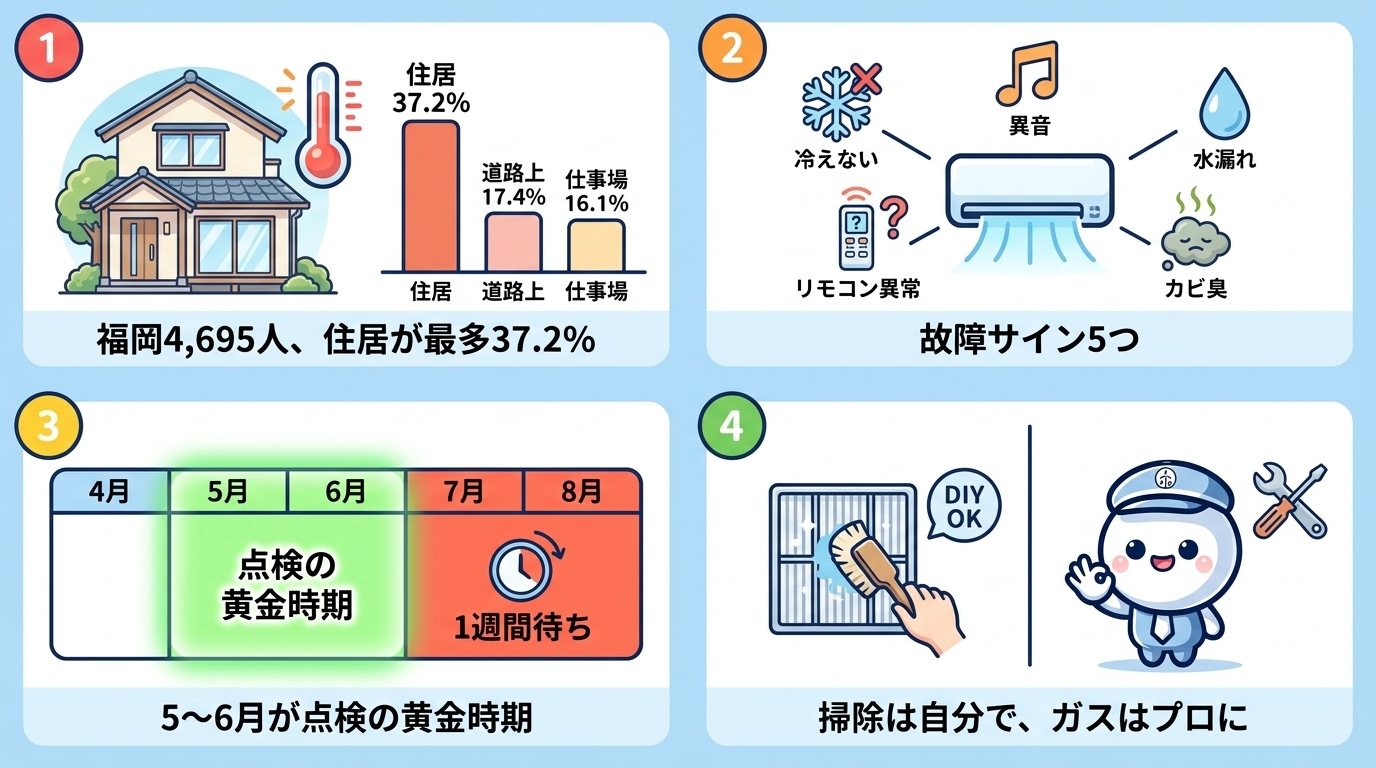 この記事の結論：① 福岡県の熱中症搬送4,695人のうち37.2%が住居内発生 ② 故障サインは冷えない・異音・水漏れ・カビ臭・リモコン反応しないの5つ ③ 5〜6月が点検の黄金時期、7〜8月は1週間待ち ④ 試運転とフィルター掃除は自分で、ガス補充とコンセント新設はプロに