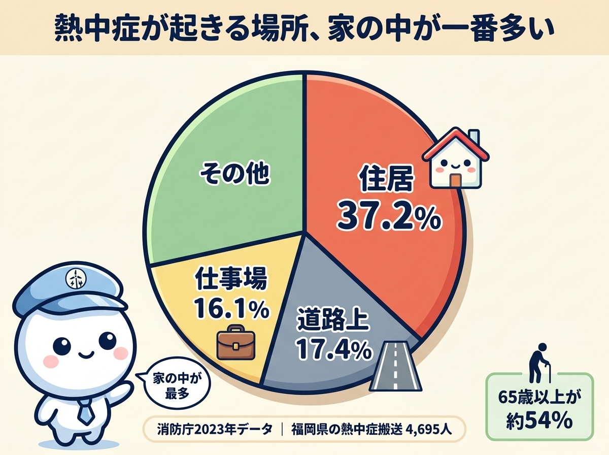 消防庁2023年データの図解：福岡県の熱中症搬送4,695人のうち住居内発生が37.2%で道路上17.4%や仕事場16.1%より多い｜65歳以上が約54%