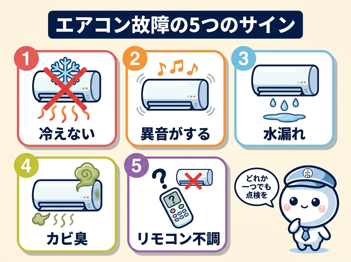 エアコン故障の5つのサインを一覧化：冷えない・異音・水漏れ・カビ臭・リモコン反応しないをアイコンで分類した解説図