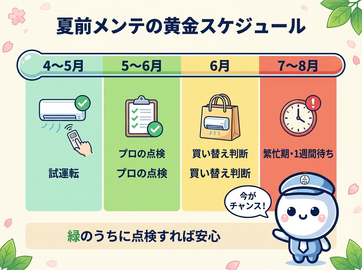 エアコン夏前メンテのスケジュール表：4〜5月の試運転、5〜6月のプロの点検、6月の買い替え判断、7〜8月の繁忙期を月別に整理した時系列図