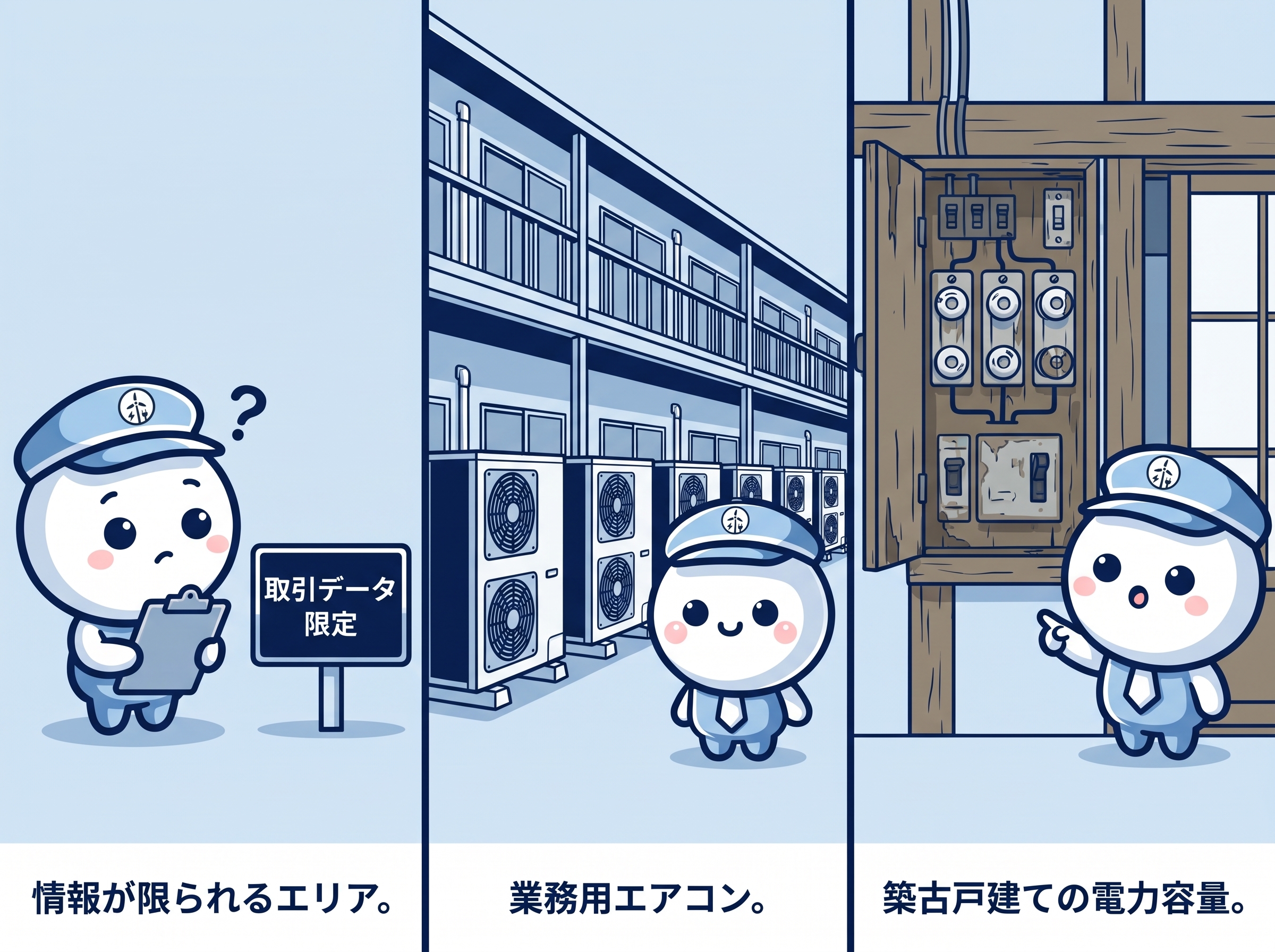 久山町エアコン工事の3つの壁を表したイラスト