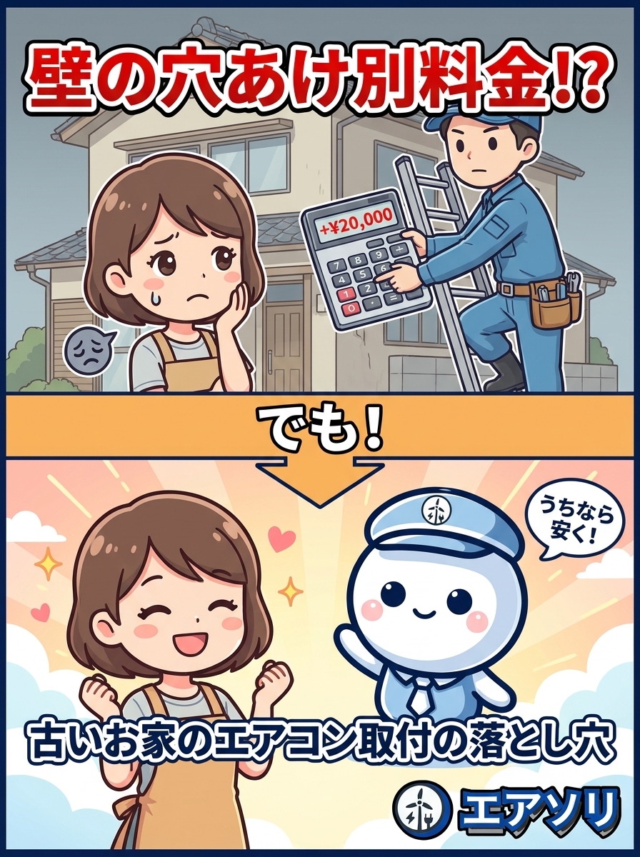 量販店で「壁の穴あけは別料金で約2万円」と言われた古いお家のエアコン取付｜福岡のエアソリ