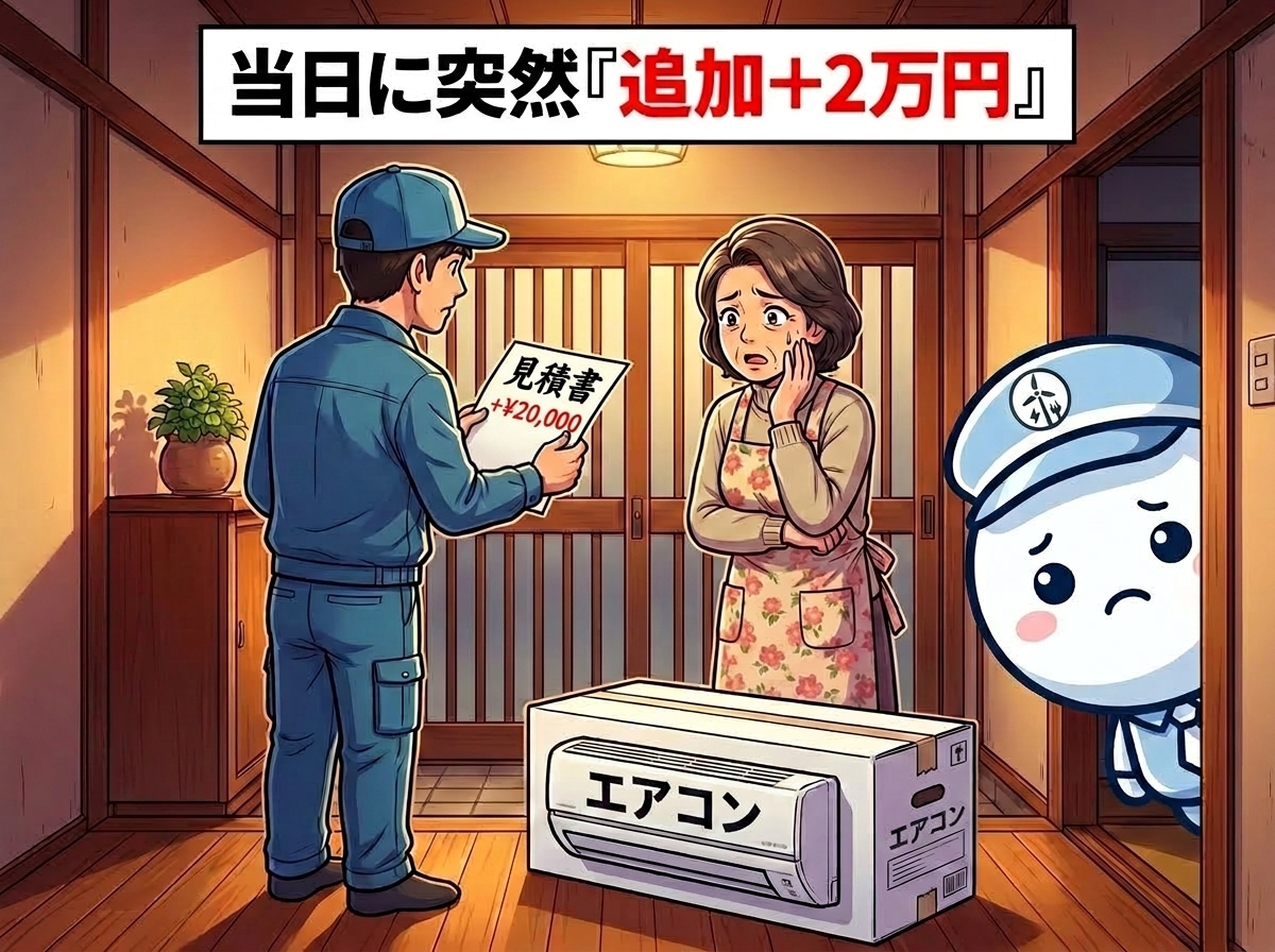 量販店の取付業者から当日に「壁の穴あけは別料金で2万円かかります」と告げられ困っているお客様