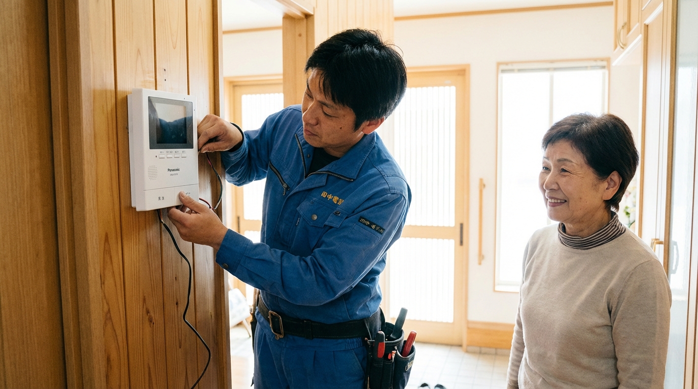 エアソリの職人がインターホンを取り付けている風景