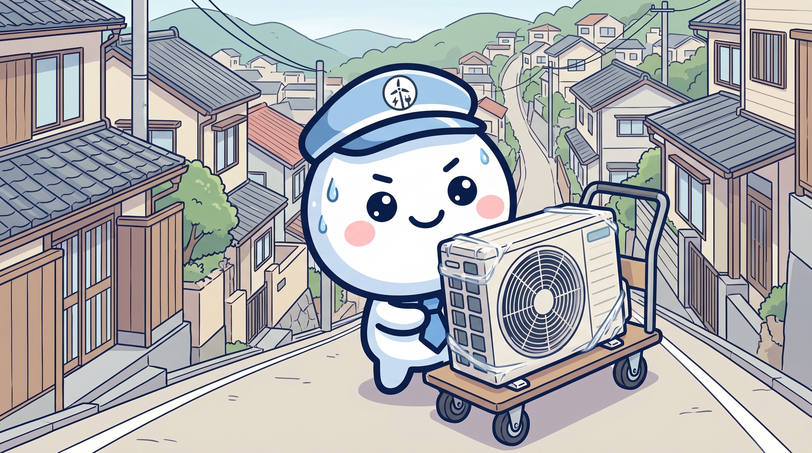 城南区の坂・狭い私道での室外機搬入