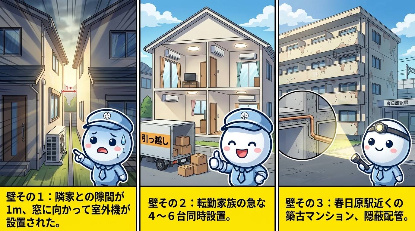 春日市エアコン工事の3つの壁を表したイラスト