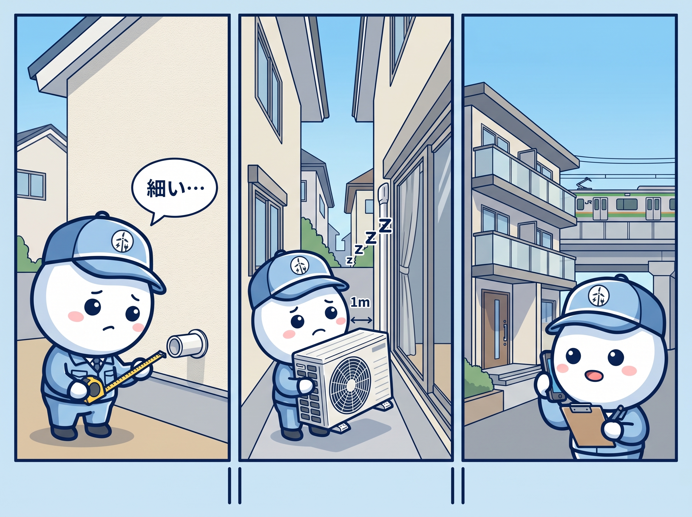 粕屋町エアコン工事の3つの壁を表したイラスト