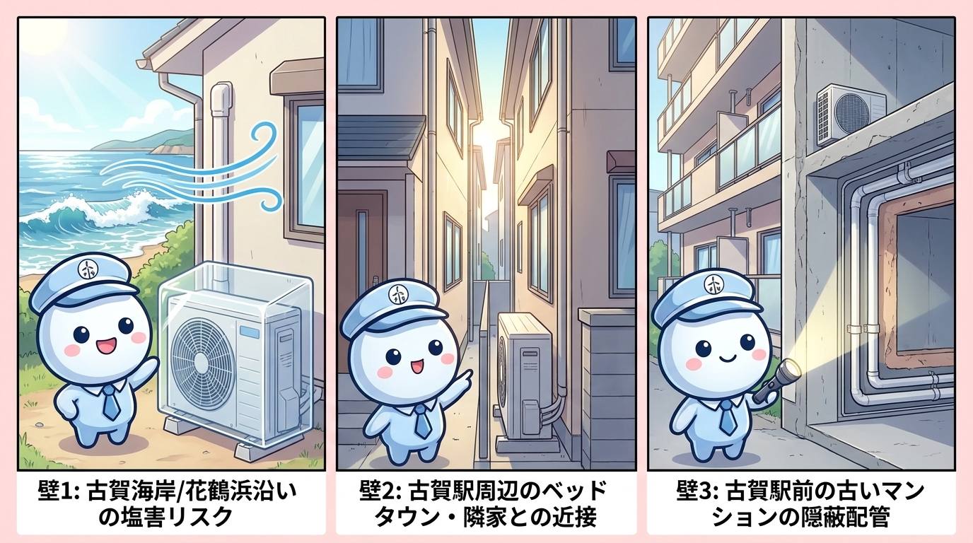 古賀市エアコン工事の3つの壁を表したイラスト