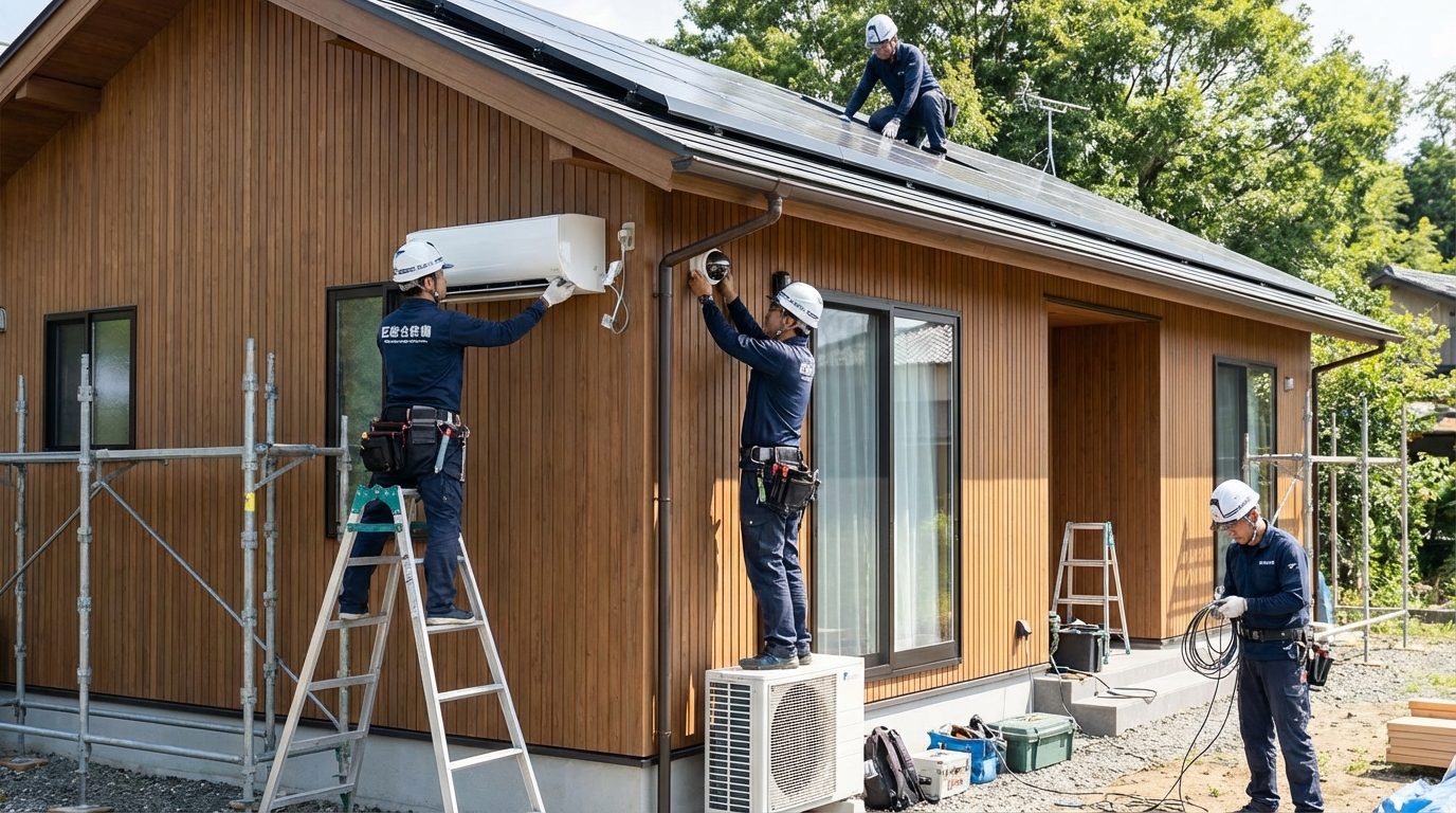 エアソリの職人が住宅設備工事をしているイメージ