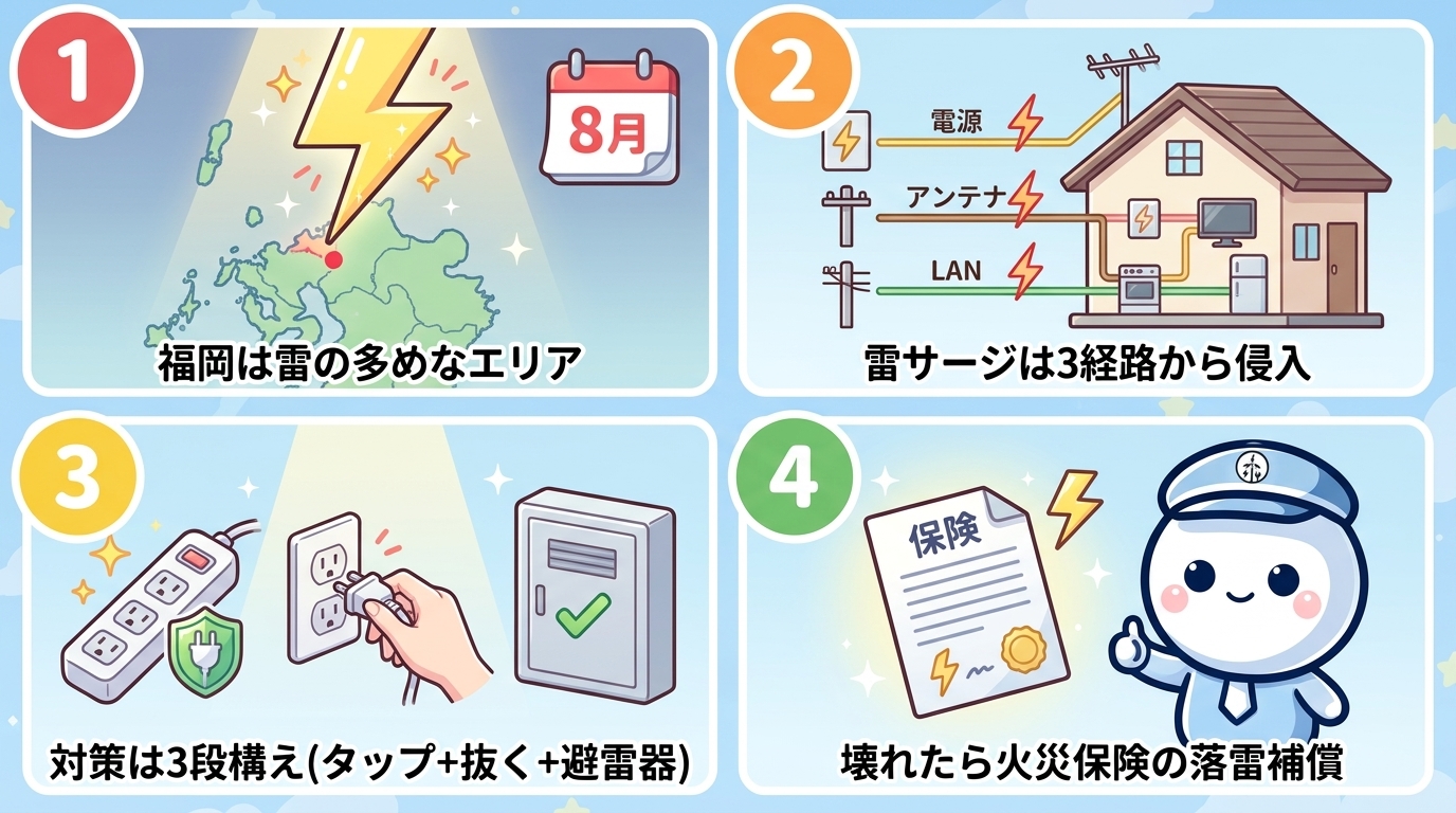 この記事の結論：① 福岡（九州北部）は全国でも雷の多い地域 ② 雷サージは電源・アンテナ・LAN3経路から侵入し直撃でなくても家電が壊れる ③ 対策は3段構え（雷ガードタップ＋雷が鳴ったらコンセント抜く＋分電盤に避雷器） ④ 壊れたら火災保険の落雷補償を確認、メーカー保証は落雷免責が一般的