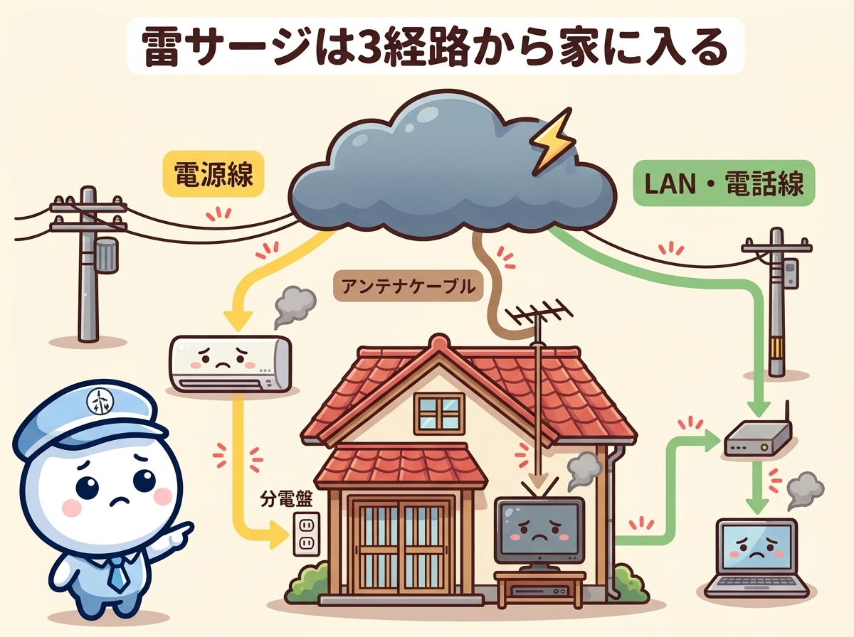 雷サージの侵入経路図解｜電源線・アンテナケーブル・LAN/電話線の3経路から家電に侵入するメカニズム