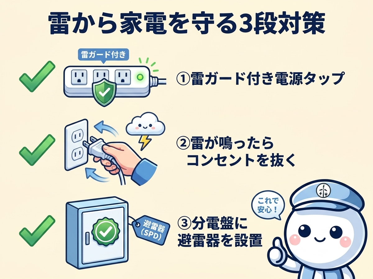 雷サージ3段対策の図解｜第1段：雷ガードタップ／第2段：雷が鳴ったらコンセント抜く／第3段：分電盤に避雷器（SPD）