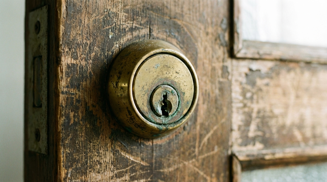 使い込まれて摩耗した鍵シリンダーのクローズアップ