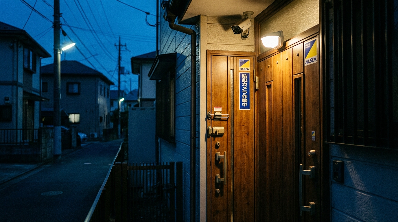 夕暮れ時の住宅の玄関ドア、防犯意識を感じさせる