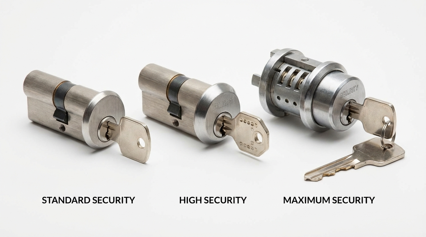 異なるタイプの鍵シリンダーが並んだ写真（ディンプルキー、ピンシリンダーなど）