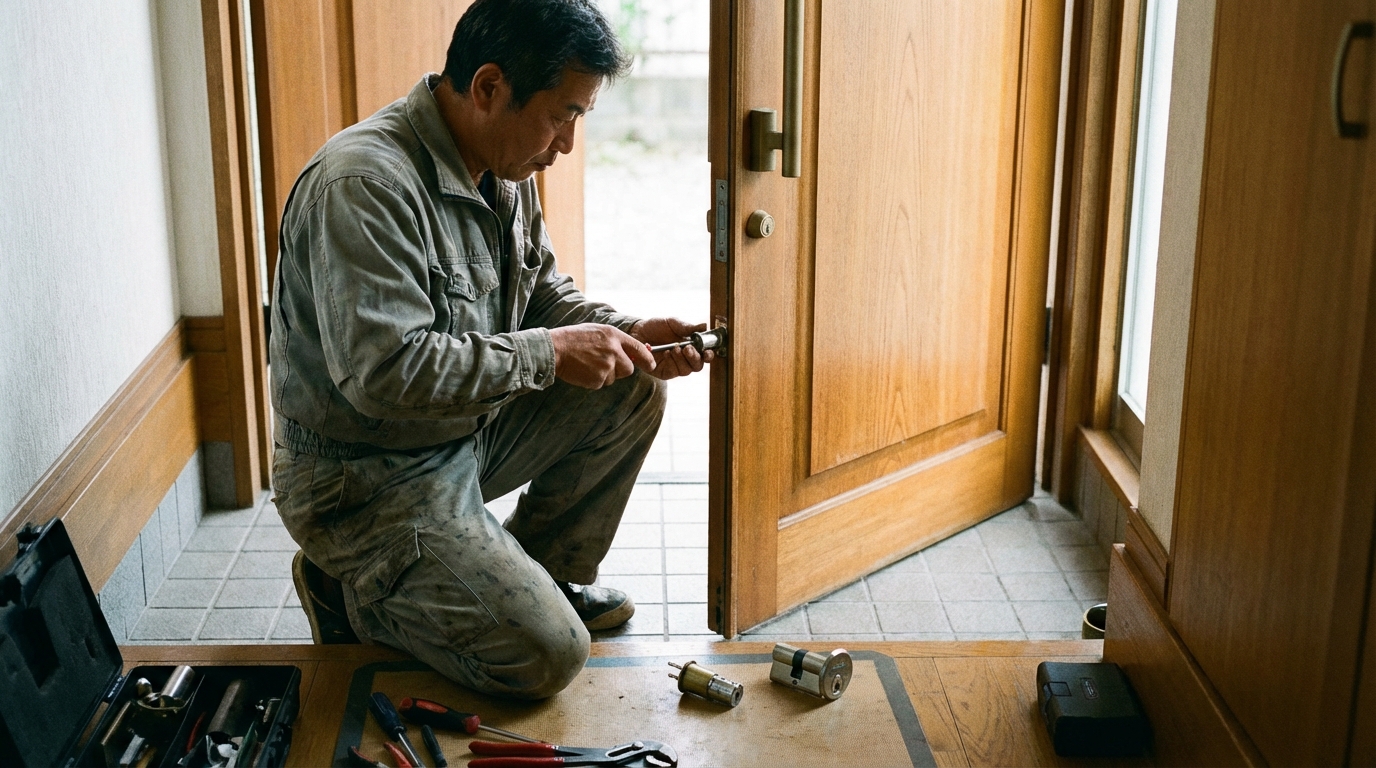 作業着の職人がドアの鍵シリンダーを交換している作業風景