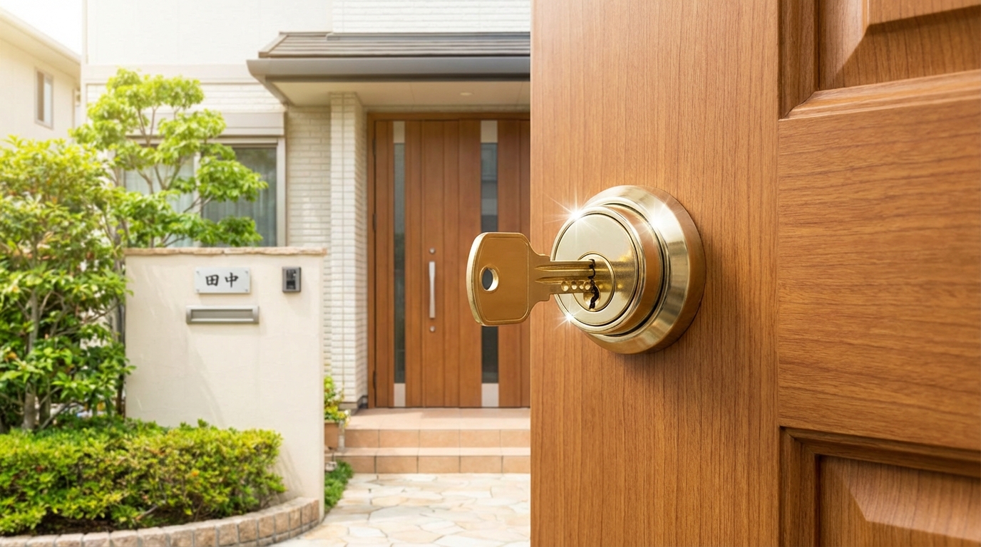 新しいディンプルキーで施錠された玄関ドア