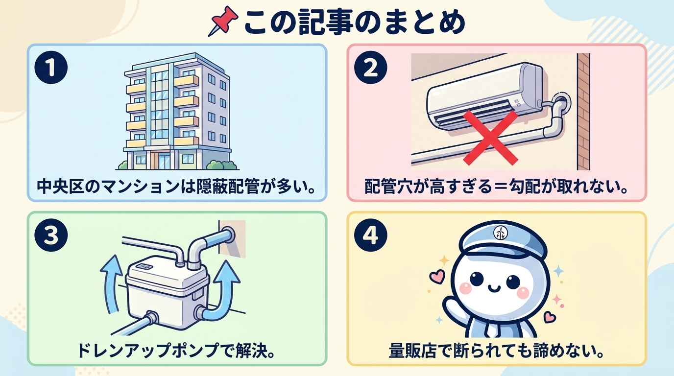 📌 この記事の結論：① 中央区マンションは隠蔽配管が多い ② 配管穴が高い＝勾配が取れない ③ ドレンアップポンプで解決 ④ 量販店で断られても諦めない