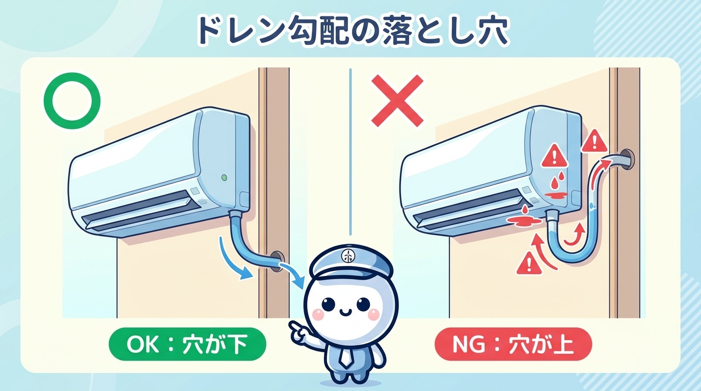 ドレン勾配の落とし穴：穴が下＝OK／穴が上＝NGの図解