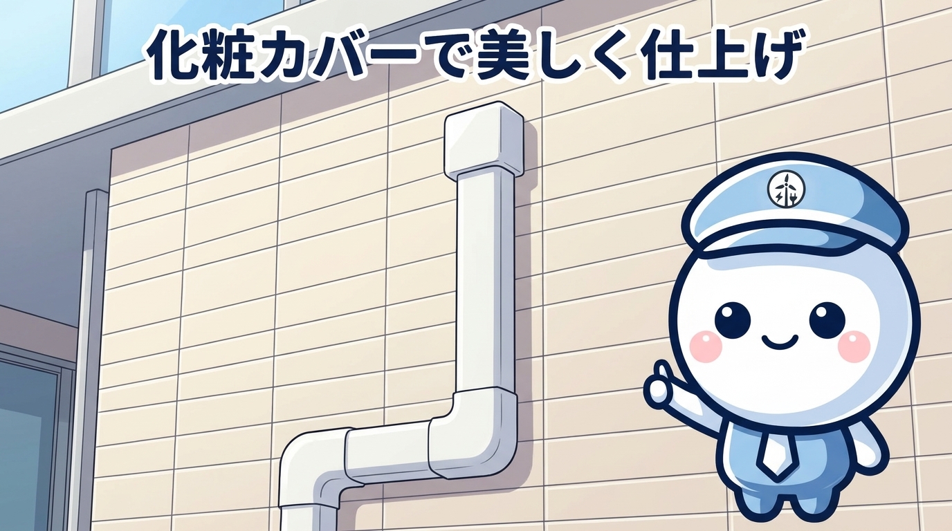 化粧カバーで美しく仕上げ：マンション外壁の白い配管カバー