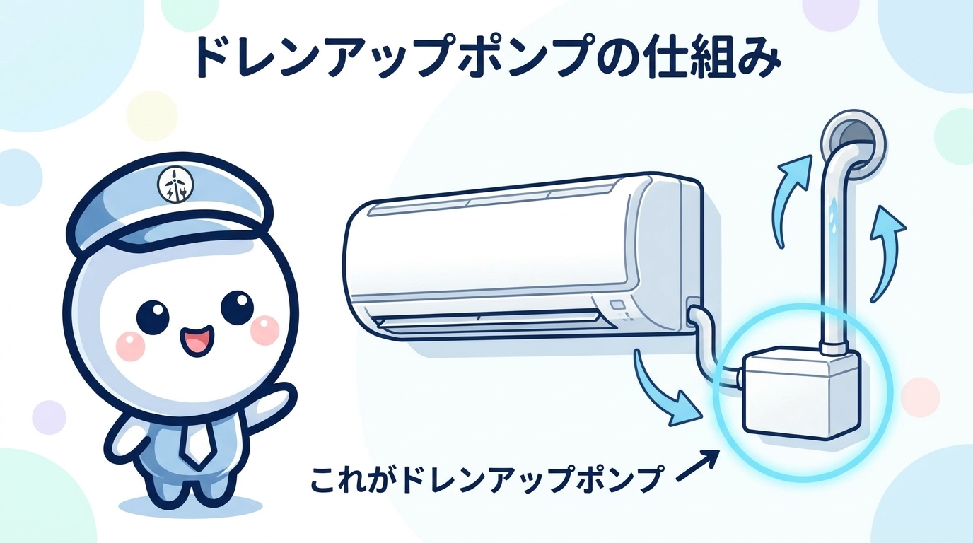 ドレンアップポンプの仕組み：エアコン横に外付けする小さな白い箱で水を上に汲み上げる