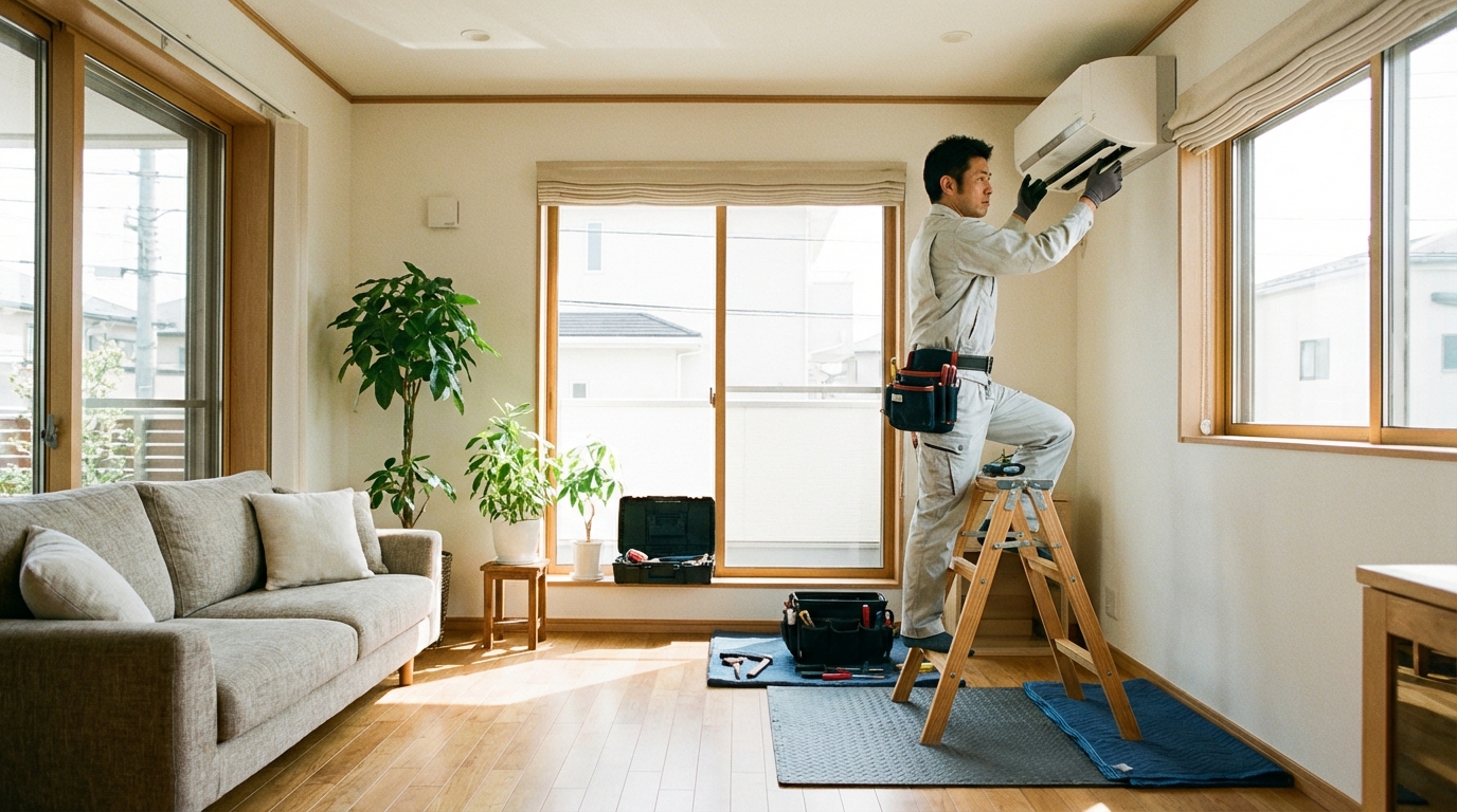 職人がエアコンの室内機を取り付けている作業風景