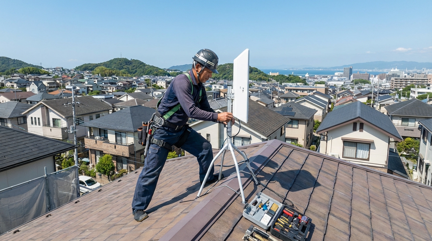 戸建て住宅の屋根でテレビアンテナを設置する職人