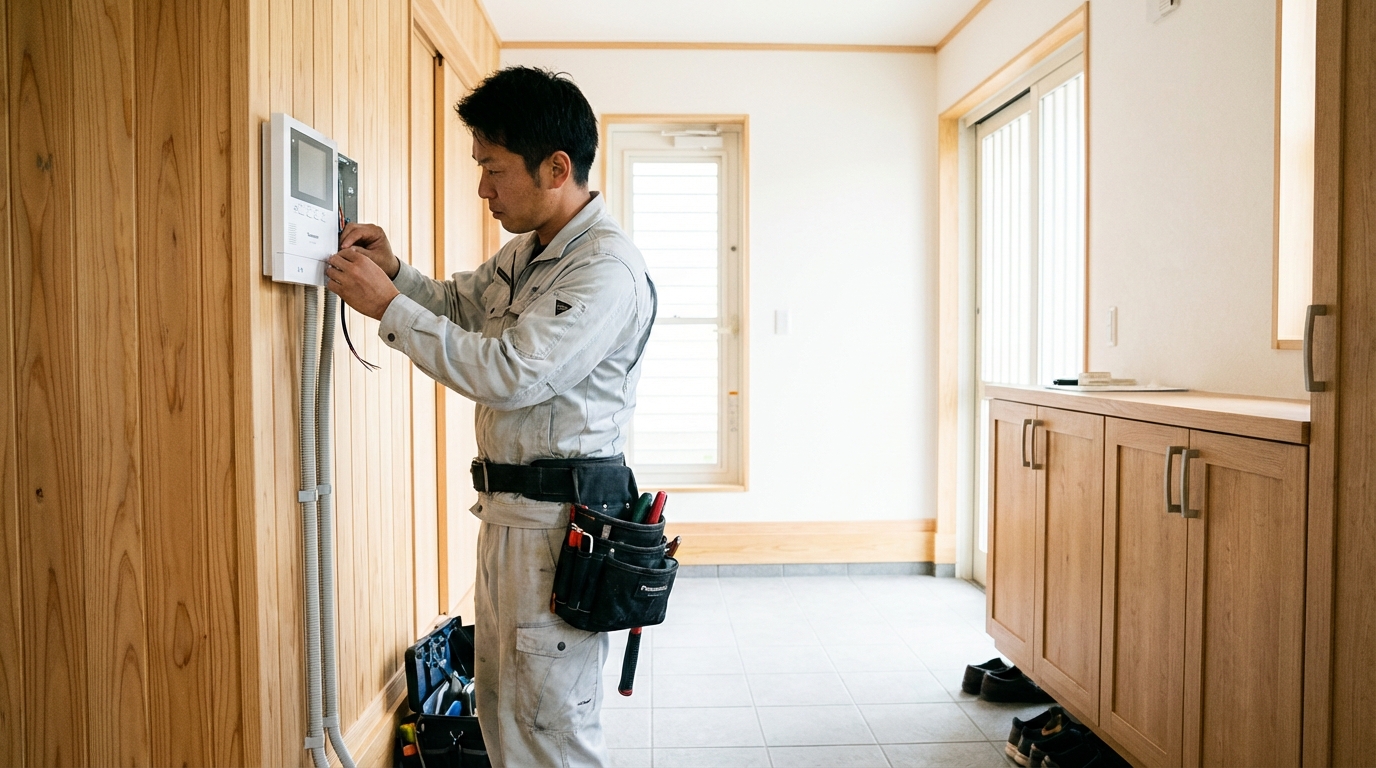 新しいモニター付きインターホンを取り付ける作業風景