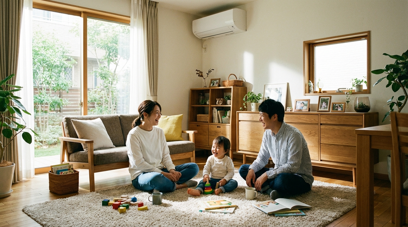 新居のリビングでくつろぐ家族