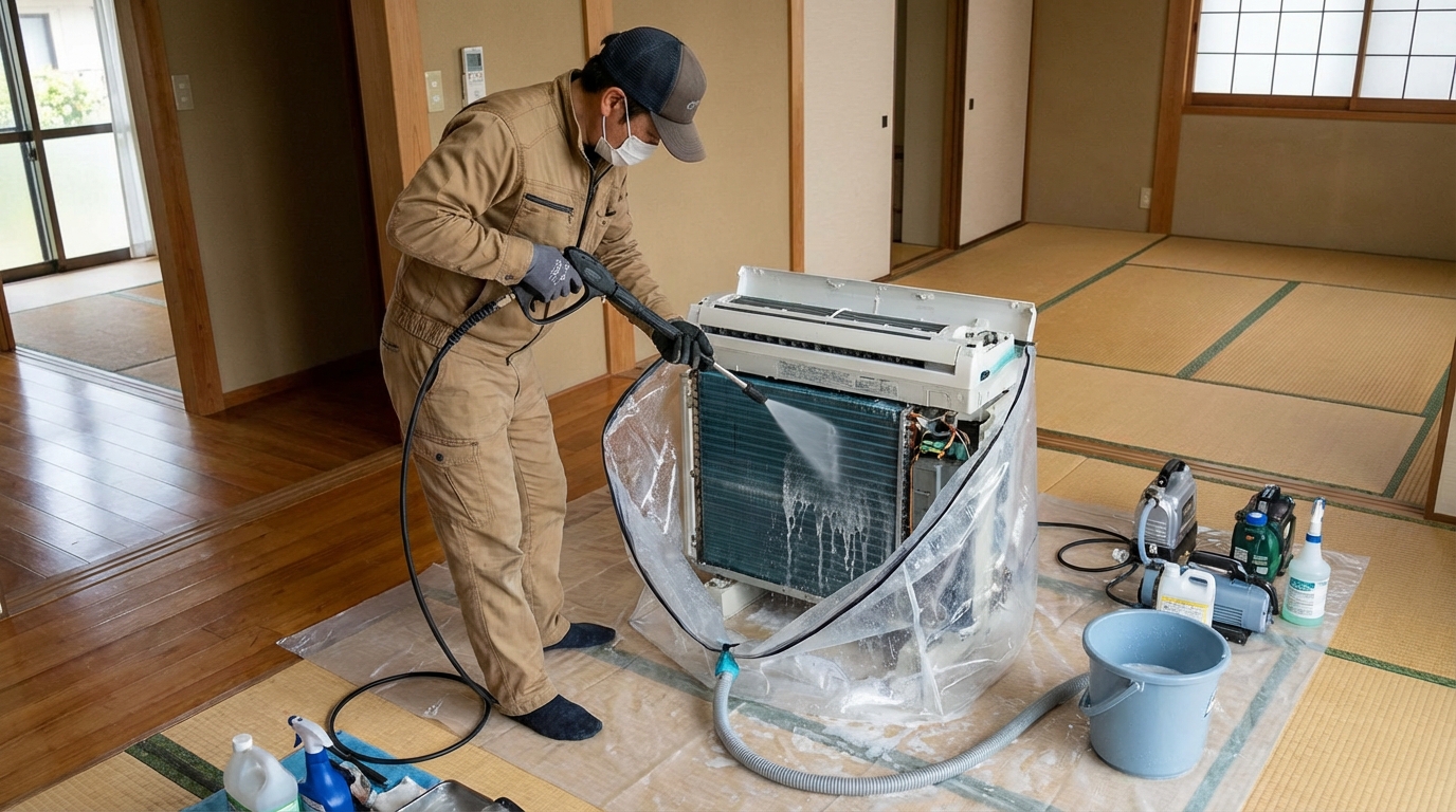 プロがエアコン内部を分解清掃している作業風景