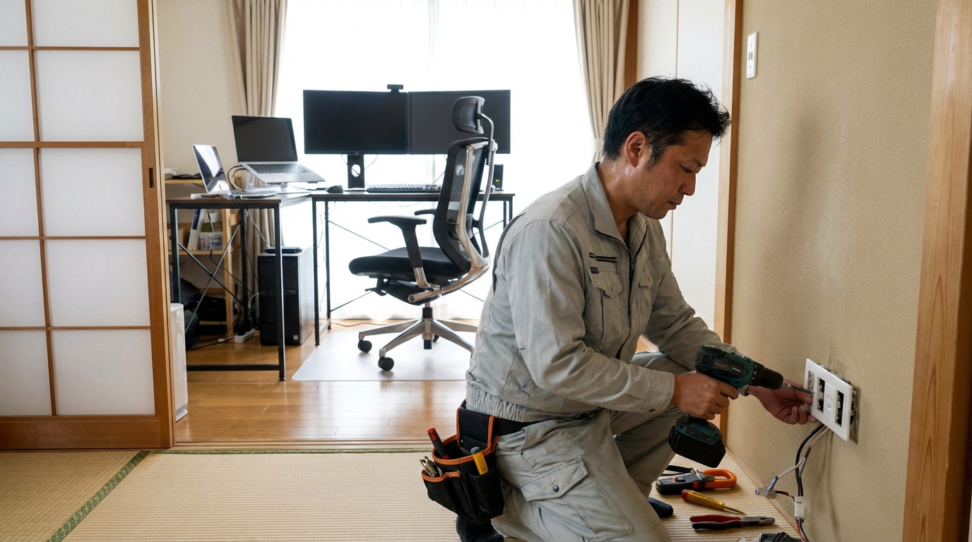 電気工事士がコンセントを増設している作業風景