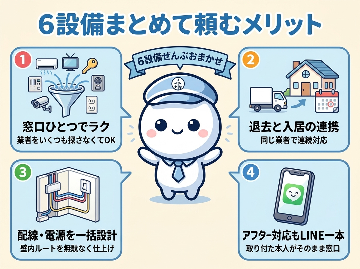 引越し6設備をまとめて専門業者に頼む4つのメリット｜① 窓口ひとつでラク ② 退去日と入居日の連携がスムーズ ③ 配線・電源回路の一括設計 ④ アフター対応もLINE一本で完結