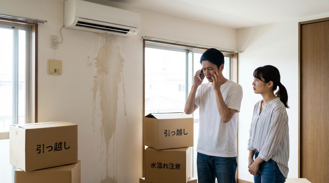 エアコン工事のトラブルに困る家族のイメージ