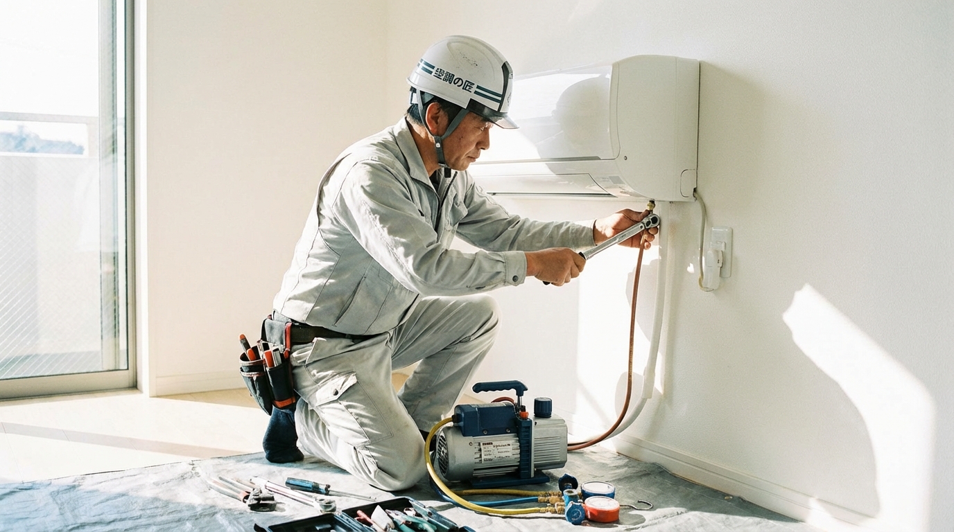 エアコンを丁寧に取り付けるエアコン専門の職人