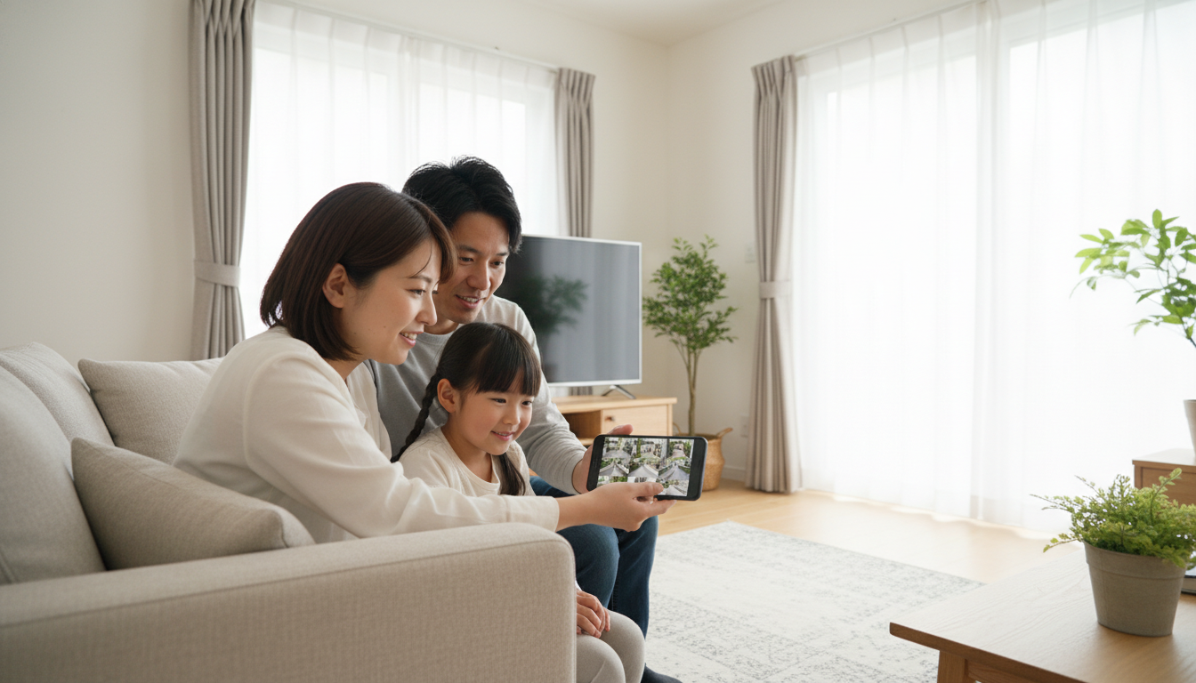 防犯カメラのある新居で安心して過ごす家族