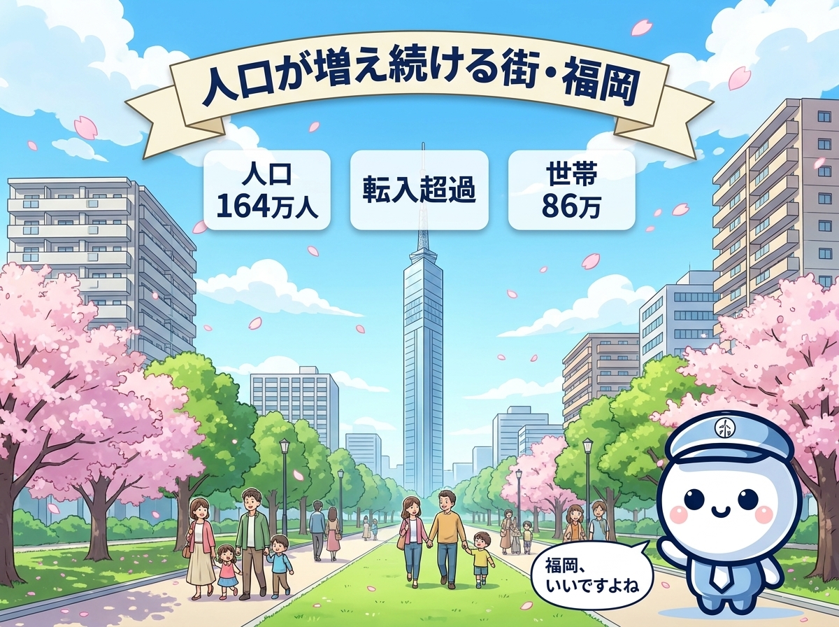 福岡市は人口164万人・転入超過・世帯86万の人口増加都市｜桜並木と福岡タワー風のシンボルタワーが見える街並み