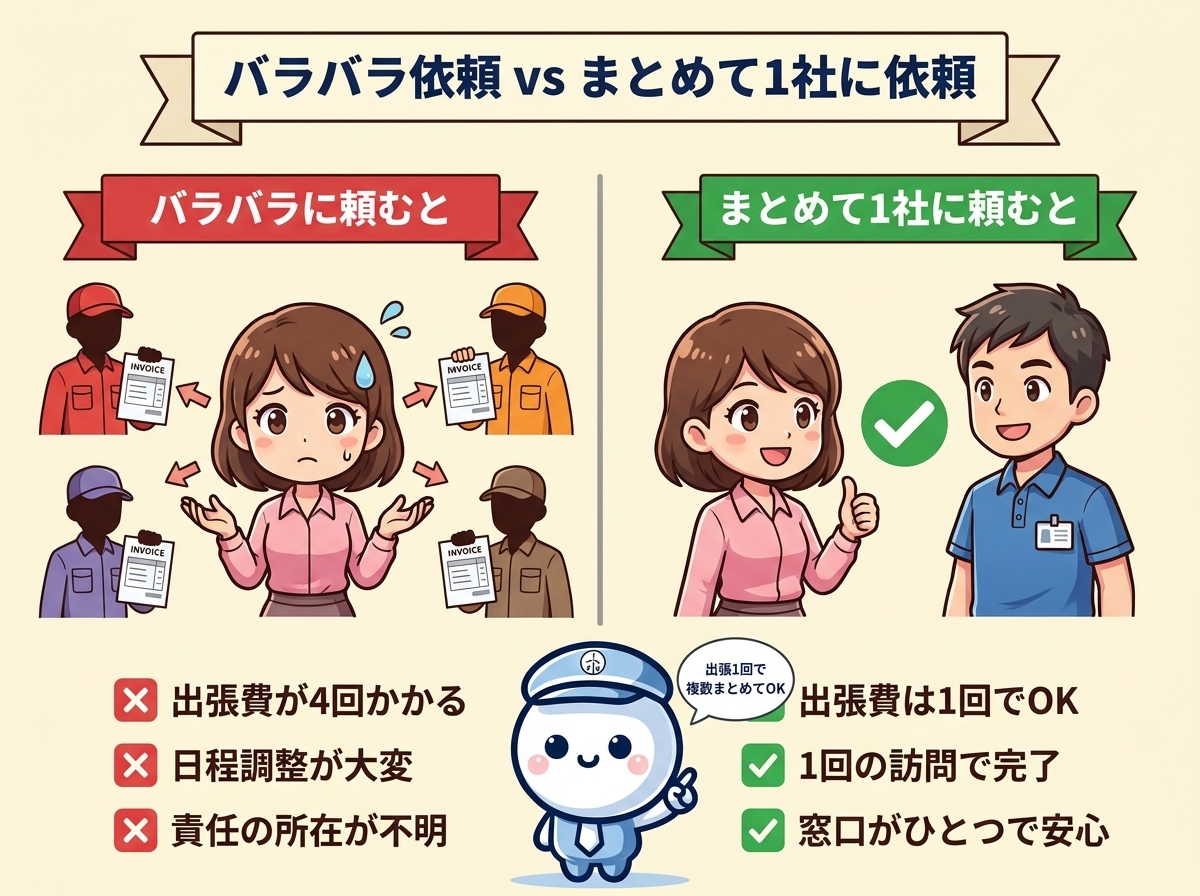 バラバラ依頼 vs まとめて1社に依頼｜4社別々だと出張費4回・日程調整4回・責任の所在が不明、1社まとめなら出張費1回・1回の訪問で完了・窓口がひとつで安心
