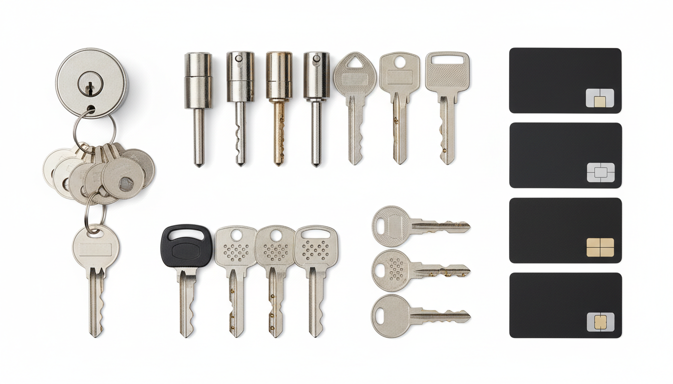 ディスクシリンダー、ピンシリンダー、ディンプルキー、電子錠の比較イメージ