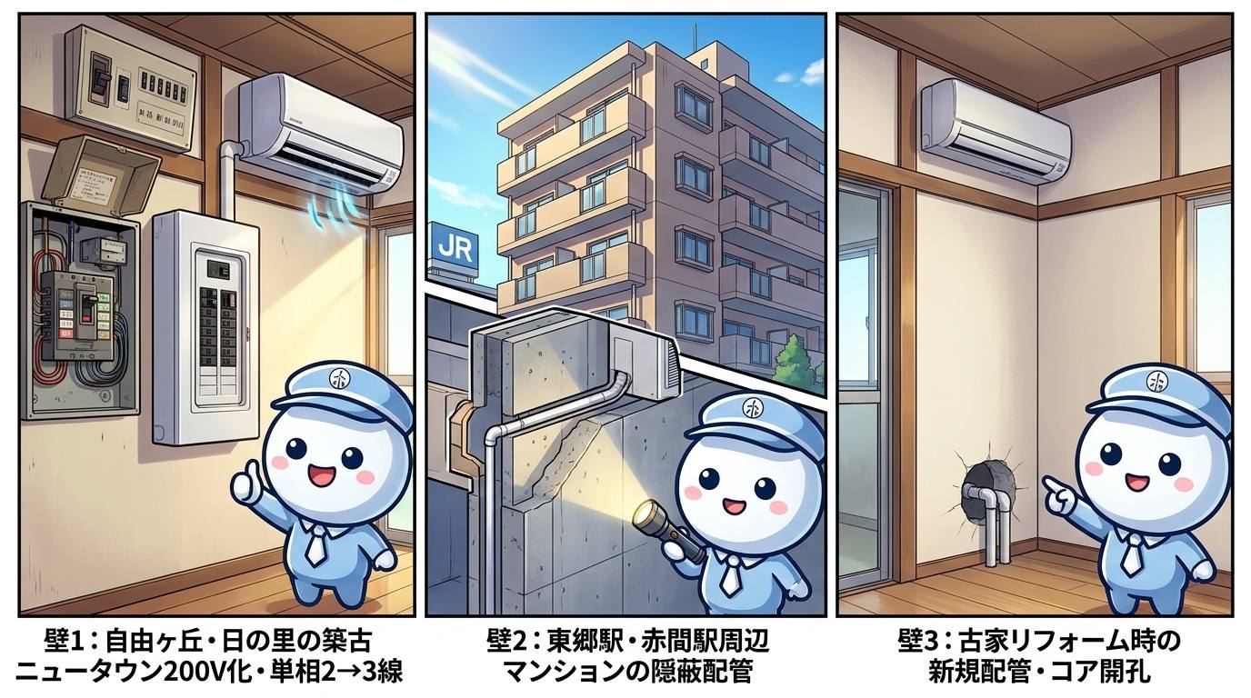 宗像市エアコン工事の3つの壁を表したイラスト