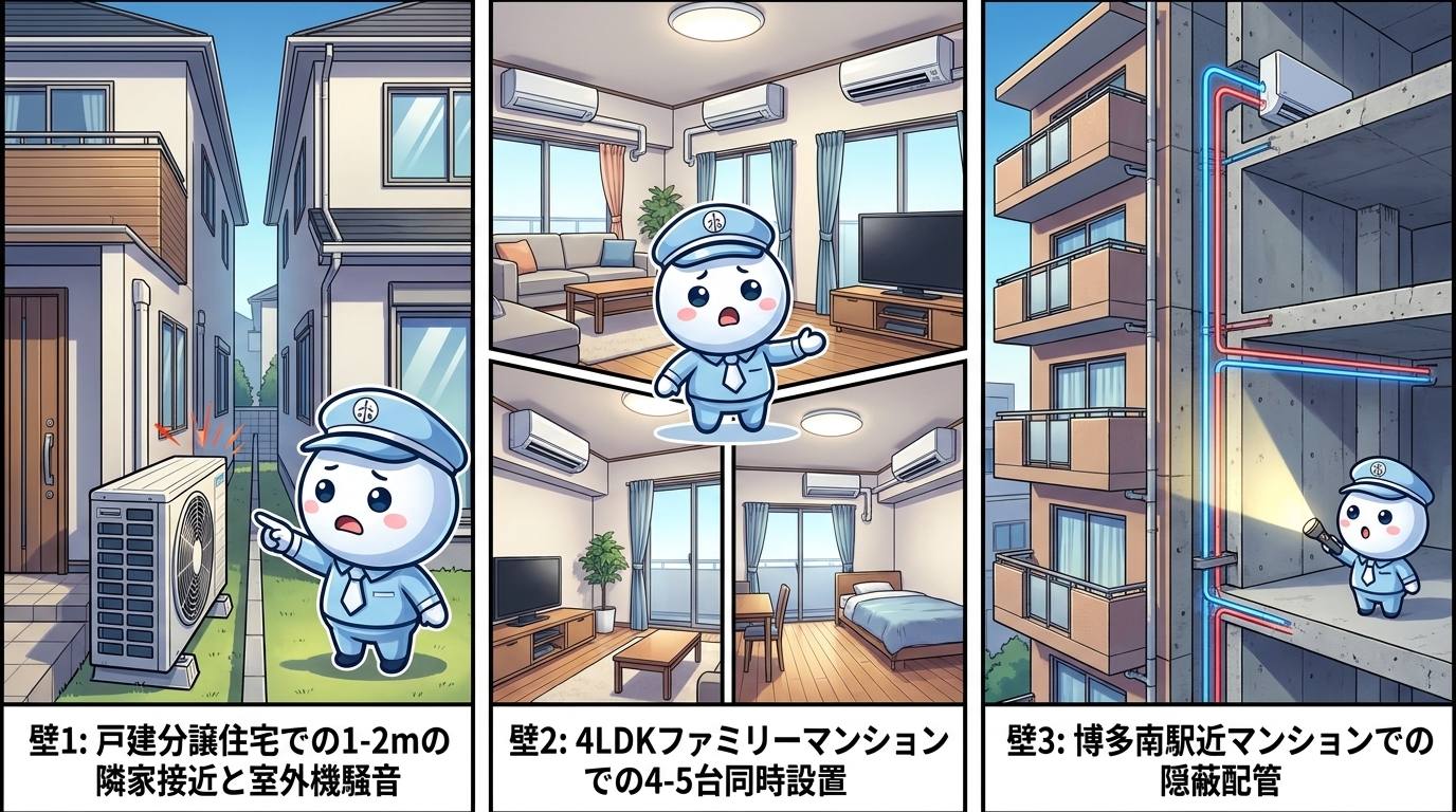 那珂川市エアコン工事の3つの壁を表したイラスト