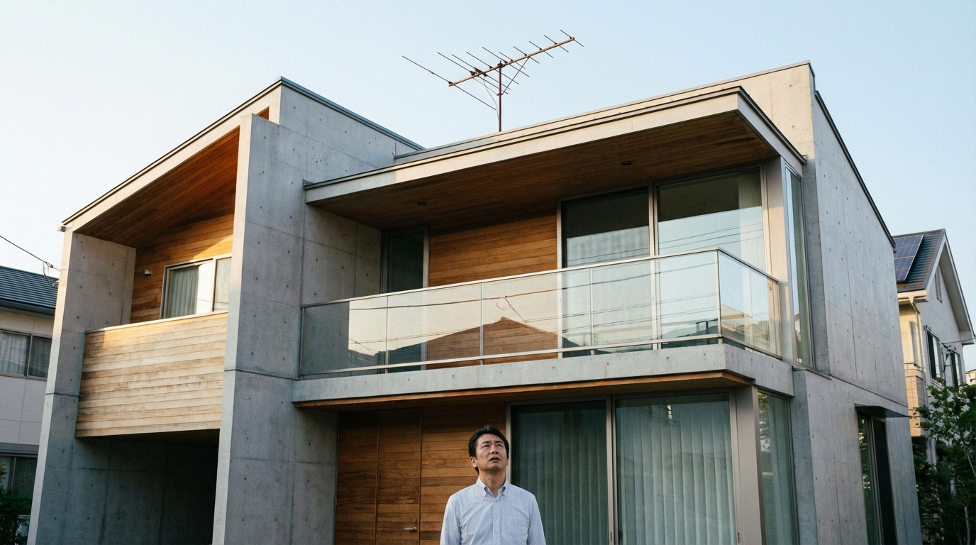 屋根の上の旧式アンテナを見て悩む施主