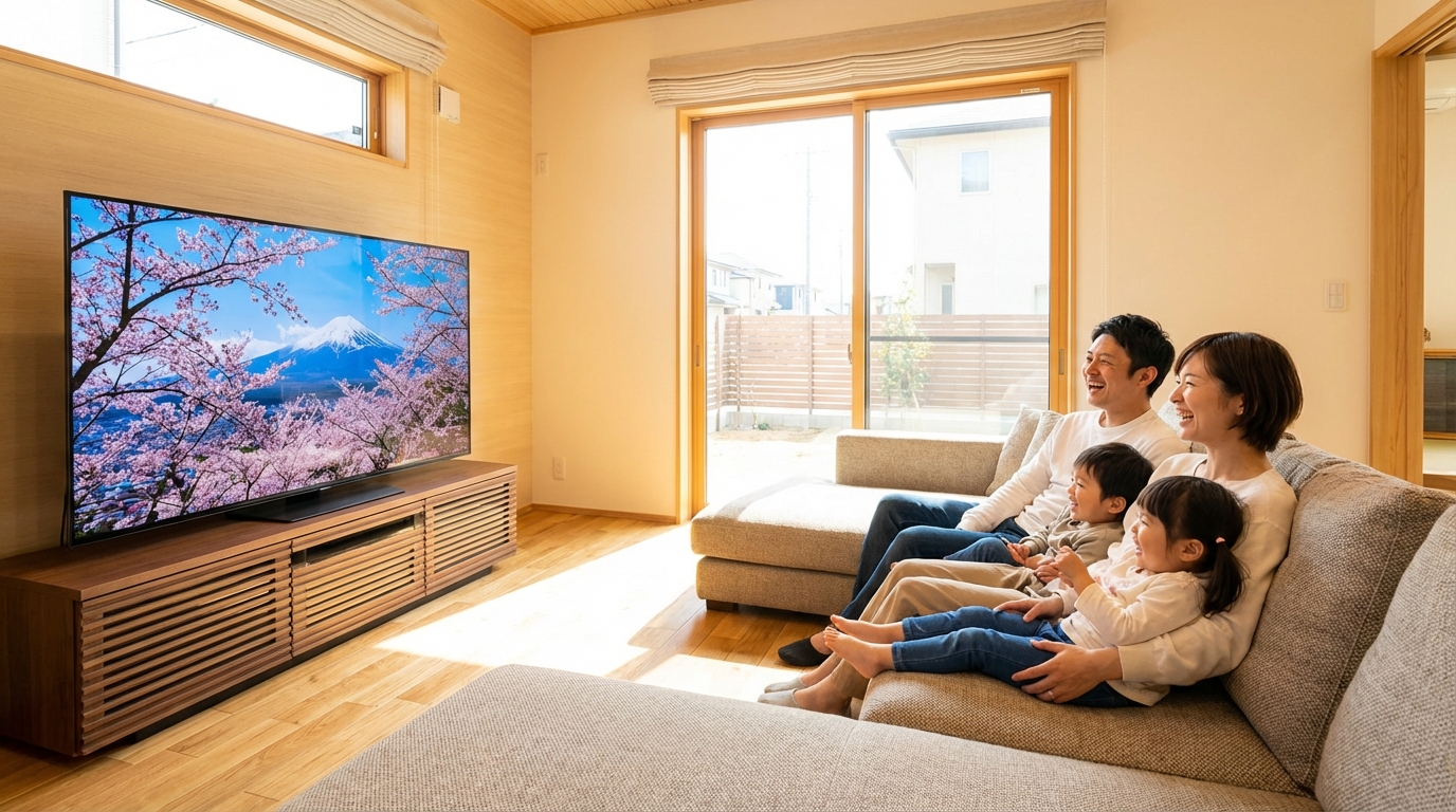 新築のリビングでテレビを楽しむ家族