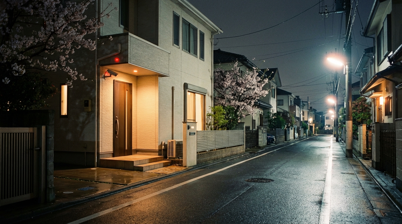 夜の住宅街で防犯カメラが見守る新築住宅