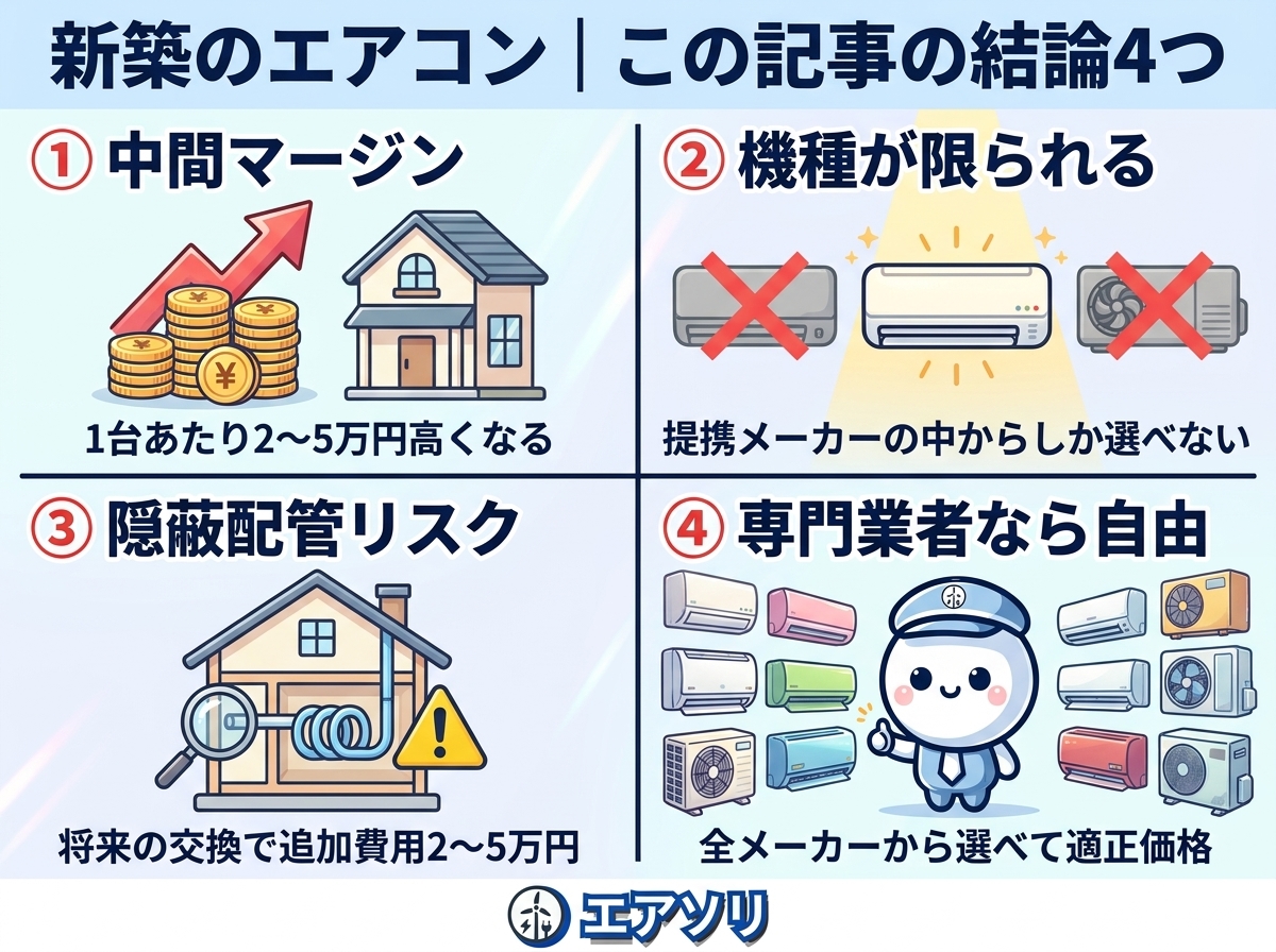 新築のエアコン｜この記事の結論4つ：① ハウスメーカー経由は中間マージンで1台2〜5万円高い ② 機種は提携メーカーの中からしか選べない ③ 隠蔽配管は将来の交換で追加費用2〜5万円のリスク ④ 専門業者に直接なら全メーカーから選べて適正価格