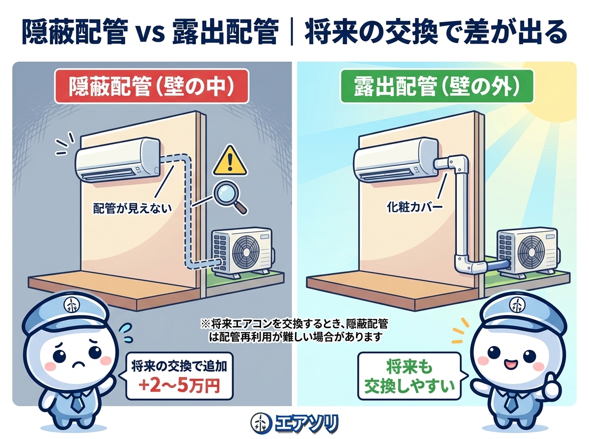 隠蔽配管 vs 露出配管の比較｜壁の中に配管を通すと将来の交換で追加費用2〜5万円、化粧カバーの露出配管なら将来も交換しやすい