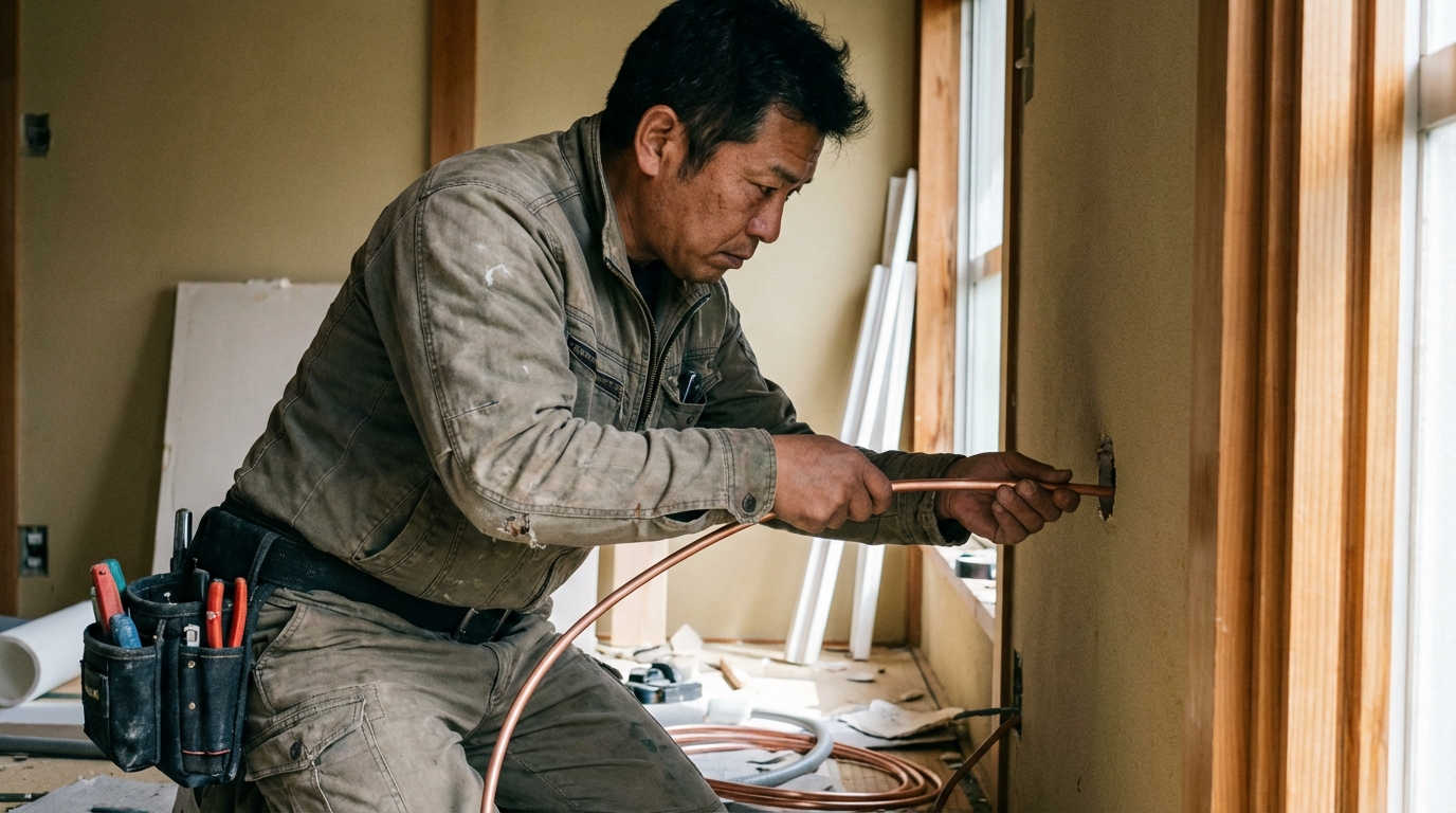 エアコンの配管工事をする職人