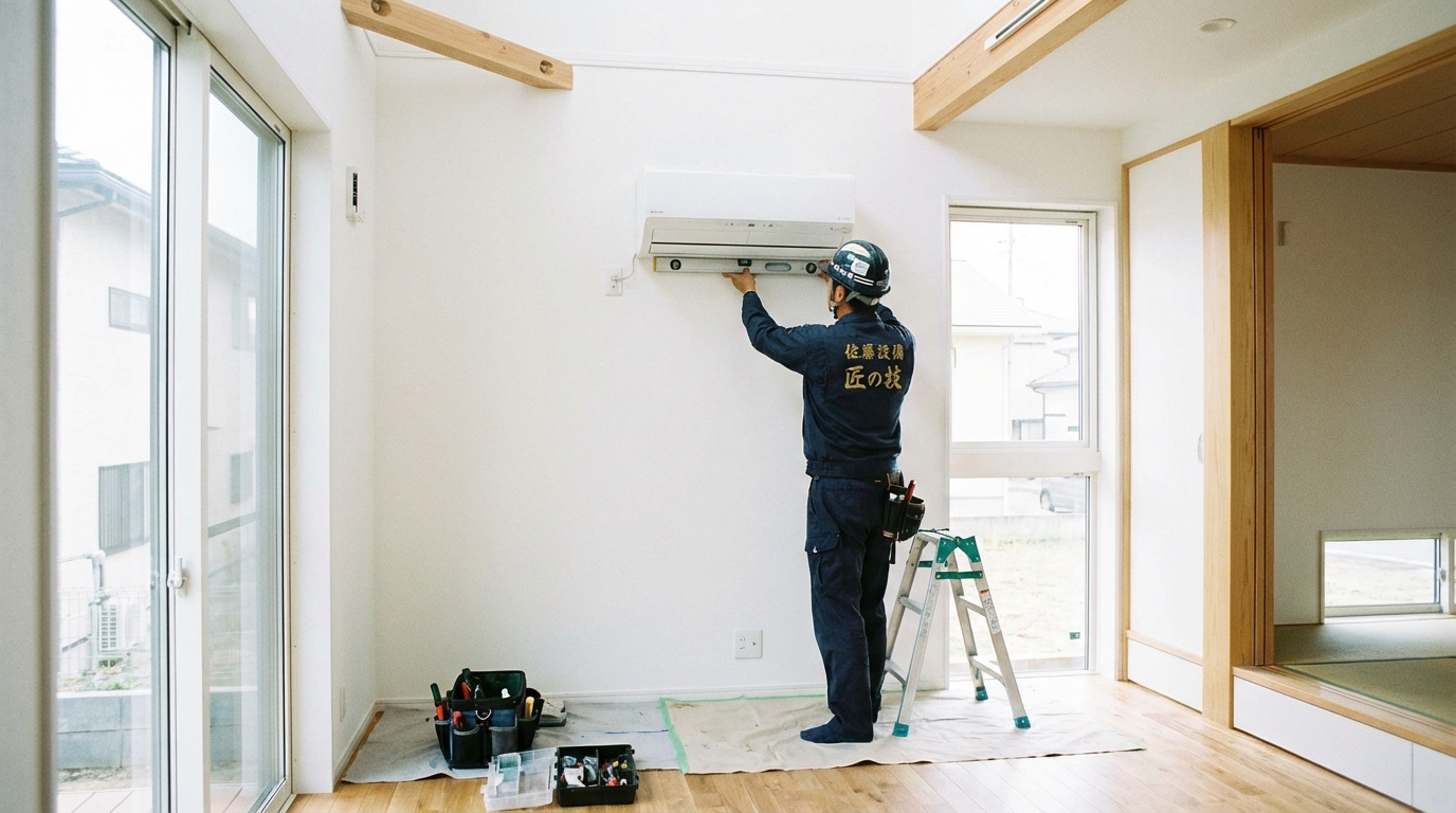 エアコンを丁寧に取り付ける専門の職人